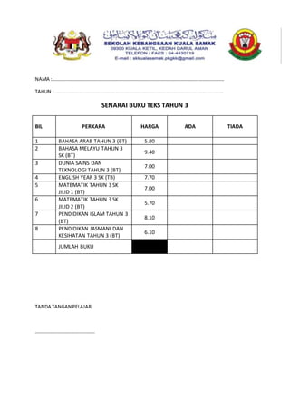 NAMA :……………………………………………………………………………………………………………………………
TAHUN :………………………………………………………………………………………………………………………….
SENARAI BUKU TEKS TAHUN 3
BIL PERKARA HARGA ADA TIADA
1 BAHASA ARAB TAHUN 3 (BT) 5.80
2 BAHASA MELAYU TAHUN 3
SK (BT)
9.40
3 DUNIA SAINS DAN
TEKNOLOGI TAHUN 3 (BT)
7.00
4 ENGLISH YEAR 3 SK (TB) 7.70
5 MATEMATIK TAHUN 3 SK
JILID 1 (BT)
7.00
6 MATEMATIK TAHUN 3 SK
JILID 2 (BT)
5.70
7 PENDIDIKAN ISLAM TAHUN 3
(BT)
8.10
8 PENDIDIKAN JASMANI DAN
KESIHATAN TAHUN 3 (BT)
6.10
JUMLAH BUKU
TANDA TANGAN PELAJAR
………………………………………….
 