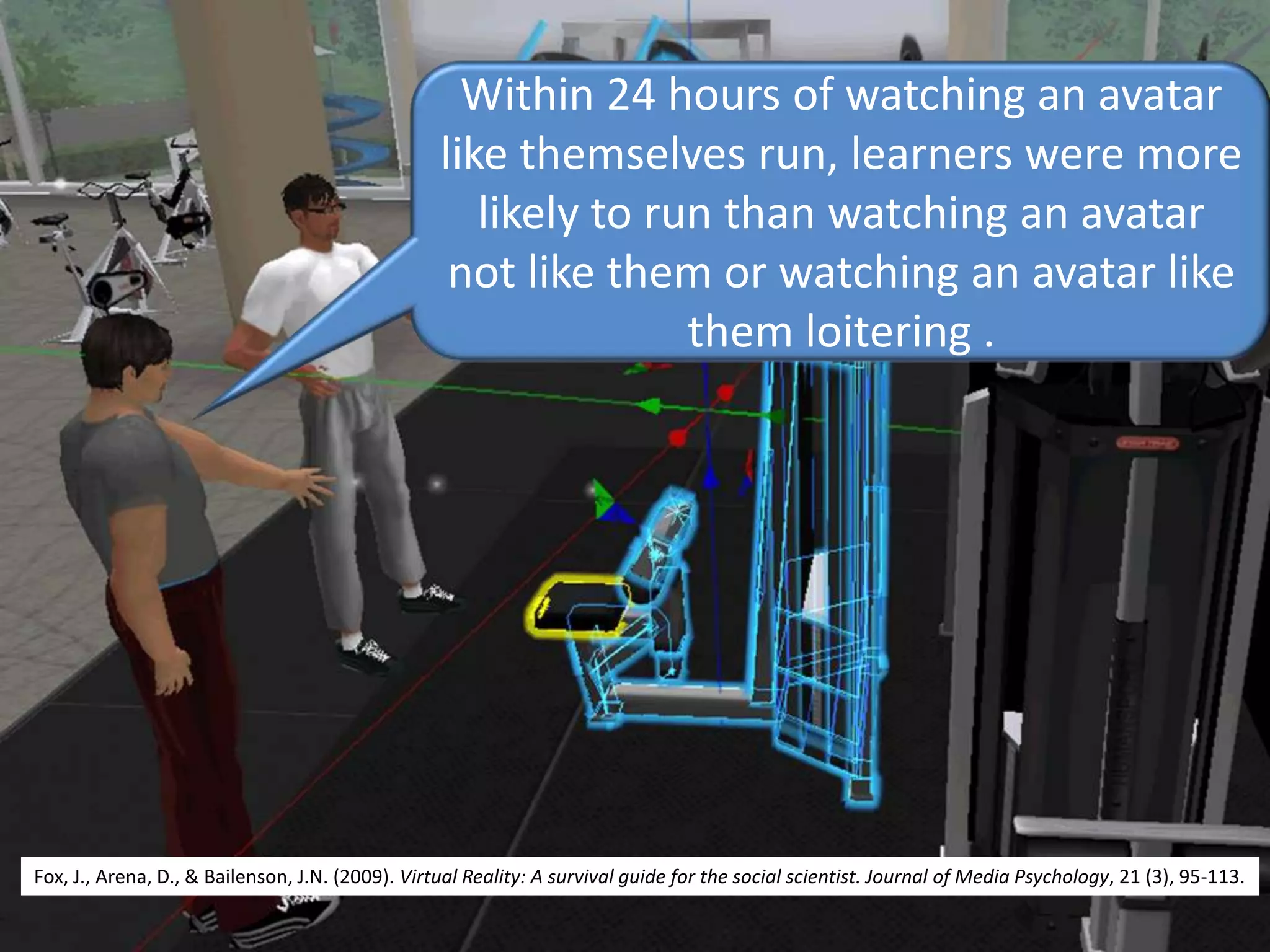 Within 24 hours of watching an avatar like themselves run, learners were more likely to run than watching an avatar not like them or watching an avatar like them loitering .Fox, J., Arena, D., & Bailenson, J.N. (2009). Virtual Reality: A survival guide for the social scientist. Journal of Media Psychology, 21 (3), 95-113.