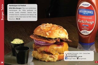 45
R. Gabriele D’Annunzio, 1345 - Campo Belo
(11) 2478 4055
www.burgertable.com.br
Burger-Table burgertable
BurgerTable
Hambúrguer do Festival
Wild Bite Burger: Pão com amêndoas,
hambúrguer de 180g grelhado no
carvão, queijo cheddar, cebola roxa,
smoked bacon, barbecue de tabaco de
corda e molho béarnaise de Wild Turkey
Bourbon. R$ 29
 