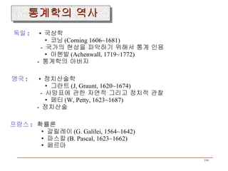 독일 :   •  국상학 •  코닝 (Corning 1606~1681) -  국가의 현상을 파악하기 위해서 통계 인용 •  아헨발 (Achenwall, 1719~1772) -  통계학의 아버지 영국 :   •  정치산술학 •  그란트 (J, Graunt, 1620~1674) -  사망표에 관한 자연적 그리고 정치적 관찰 •  페티 (W, Petty, 1623~1687) -  정치산술 프랑스 :   확률론 •  갈릴레이 (G. Galilei, 1564~1642) •  파스칼 (B. Pascal, 1623~1662) •  페르마 통계학의 역사 
