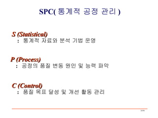 SPC( 통계적 공정 관리 ) S (Statistical) :  통계적 자료와 분석 기법 운영 P (Process) :  공정의 품질 변동 원인 및 능력 파악 C (Control) :  품질 목표 달성 및 개선 활동 관리 