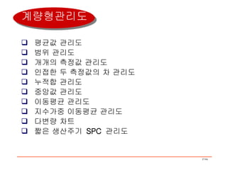 평균값 관리도 범위 관리도 개개의 측정값 관리도 인접한 두 측정값의 차 관리도 누적합 관리도 중앙값 관리도 이동평균 관리도 지수가중 이동평균 관리도 다변량 차트 짧은 생산주기  SPC  관리도  계량형관리도 