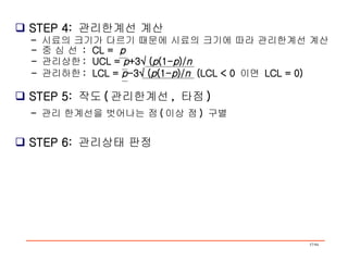 STEP 4:  관리한계선 계산 -  시료의 크기가 다르기 때문에 시료의 크기에 따라 관리한계선 계산 -  중 심 선  :  CL =  p -  관리상한 :  UCL =  p +3   ( p (1- p )/ n -  관리하한 :  LCL =  p -3   ( p (1- p )/ n  (LCL < 0  이면  LCL = 0) STEP 5:  작도 ( 관리한계선 ,  타점 ) -  관리 한계선을 벗어나는 점 ( 이상 점 )  구별 STEP 6:  관리상태 판정 