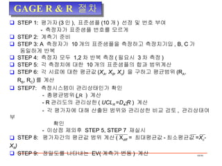 GAGE R & R  절차 STEP 1:  평가자 (3 인 ),  표준샘플 (10 개 )  선정 및 번호 부여 -  측정자가 표준샘플 번호를 모르게 STEP 2:  계측기 준비 STEP 3: A  측정자가  10 개의 표준샘플을 측정하고 측정치기입 , B, C 가 동일하게 반복 STEP 4:  측정자 모두  1,2 차 반복 측정 ( 필요시  3 차 측정 ) STEP 5:  각 측정치에 대한  10 개의 표준샘플의 합과 범위계산 STEP 6:  각 시료에 대한 평균값 ( X A , X B , X c )  을 구하고 평균범위 (R A , R B , R C ) 를 계산 STEP7:  측정시스템이 관리상태인가 확인 -  총평균범위 (  R   )  계산 - R 관리도의 관리상한 (  UCL R  = D 4  R  )  계산 -  각 평가자에 대해 산출된 범위와 관리상한 비교 검토 ,  관리상태여부 확인 -  이상점 제외후  STEP 5, STEP 7  재실시 STEP 8:  평가자간의 평균값 범위 계산 ( X diff   =  최대평균값 - 최소평균값 = X c -X B )   STEP 9:  정밀도를 나타내는  EV( 계측기 변동 )  계산 