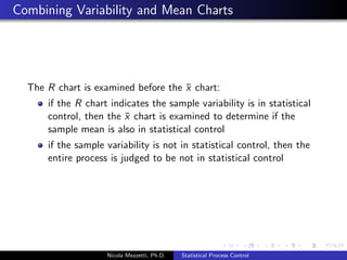Control Charts 
Control chart is a tool used to study how a process changes 
over time. 
Measurements are plotted in time order. A control chart always 
has 
a central line for the average 
an upper line for the upper control limit1 
a lower line for the lower control limit 
By comparing current data to these lines, you can draw 
conclusions about whether the process variation is in control or 
aected by special causes of variation. 
Control charts for variable data are used in pairs: 
The top chart monitors the average (x chart) 
The bottom chart monitors the range (R chart) 
1Control limits are determined by the capability of the process, whereas 
speci 