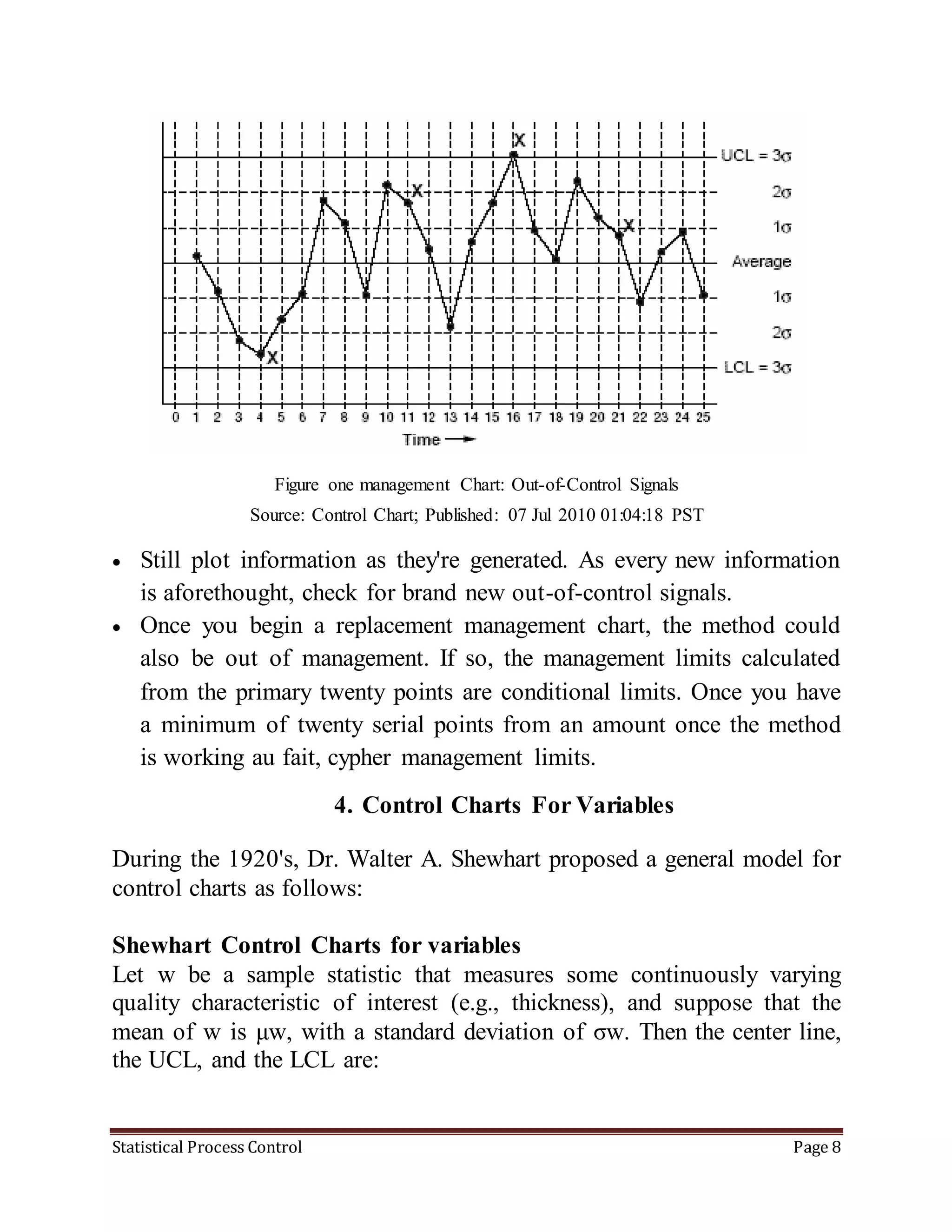 Statistical Process Control Page 8
Figure one management Chart: Out-of-Control Signals
Source: Control Chart; Published: 07 Jul 2010 01:04:18 PST
 Still plot information as they're generated. As every new information
is aforethought, check for brand new out-of-control signals.
 Once you begin a replacement management chart, the method could
also be out of management. If so, the management limits calculated
from the primary twenty points are conditional limits. Once you have
a minimum of twenty serial points from an amount once the method
is working au fait, cypher management limits.
4. Control Charts For Variables
During the 1920's, Dr. Walter A. Shewhart proposed a general model for
control charts as follows:
Shewhart Control Charts for variables
Let w be a sample statistic that measures some continuously varying
quality characteristic of interest (e.g., thickness), and suppose that the
mean of w is μw, with a standard deviation of σw. Then the center line,
the UCL, and the LCL are:
 