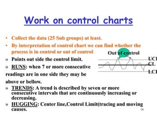 16
Work on control charts
• Collect the data (25 Sub groups) at least.
• By interpretation of control chart we can find whether the
process is in control or out of control
» Points out side the control limit.
» RUNS: when 7 or more consecutive
readings are in one side they may be
above or bellow.
» TRENDS: A trend is described by seven or more
consecutive intervals that are continuously increasing or
decreasing.
» HUGGING: Center line,Control Limit(tracing and moving
causes.
CL
UCL
LCL
Out of control
 