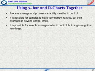RANA Tech Solutions
Towards Customer Satisfaction
29SPC
Using x- bar and R-Charts Together
Process average and process variability must be in control.
It is possible for samples to have very narrow ranges, but their
averages is beyond control limits.
It is possible for sample averages to be in control, but ranges might be
very large.
 