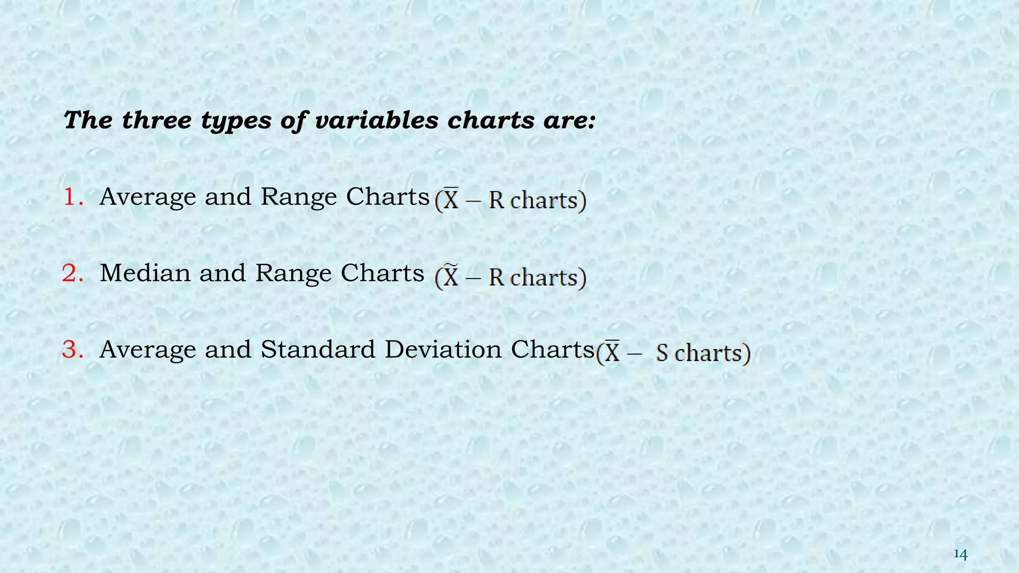 14
The three types of variables charts are:
1. Average and Range Charts
2. Median and Range Charts
3. Average and Standard Deviation Charts
 