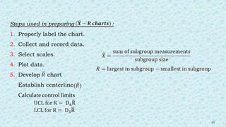 Steps used in preparing :
1. Properly label the chart.
2. Collect and record data.
3. Select scales.
4. Plot data.
5. Develop chart
Establish centerline
Calculate control limits
16
 