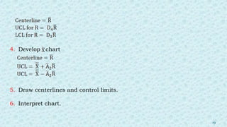 4. Develop chart
5. Draw centerlines and control limits.
6. Interpret chart.
19
 