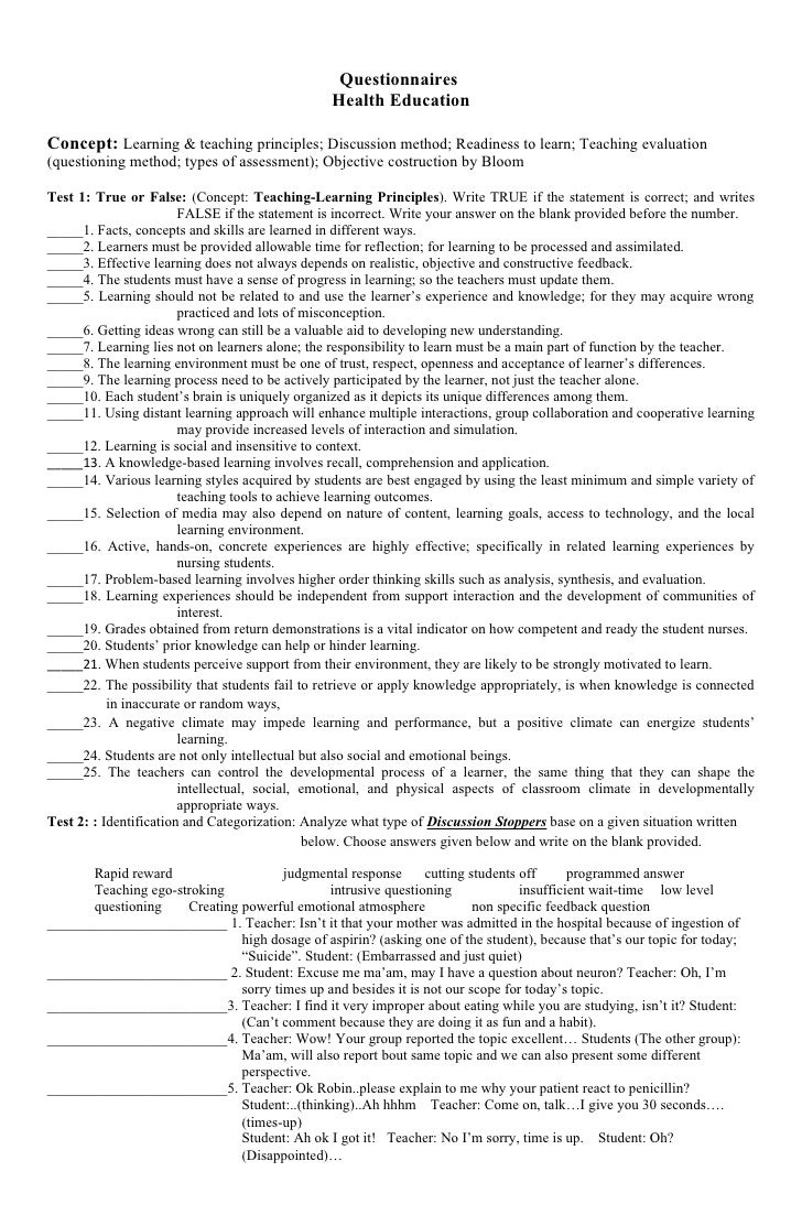 Test question on health education