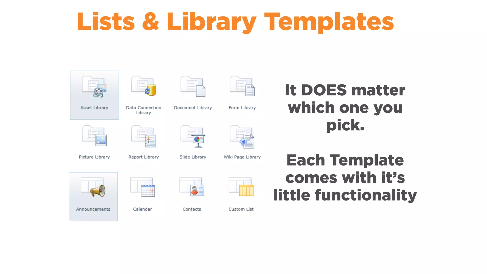 Lists & Library Templates
It DOES matter
which one you
pick.
Each Template
comes with it’s
little functionality
 