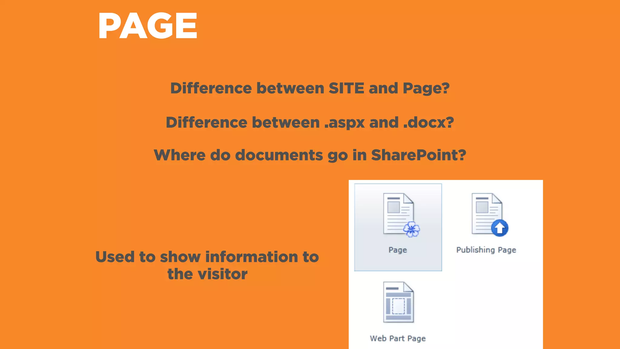 PAGE
Difference between SITE and Page?
Difference between .aspx and .docx?
Used to show information to
the visitor
Where do documents go in SharePoint?
 