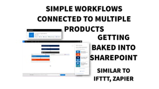 SIMILAR TO
IFTTT, ZAPIER
GETTING
BAKED INTO
SHAREPOINT
SIMPLE WORKFLOWS
CONNECTED TO MULTIPLE
PRODUCTS
 