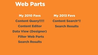 Web Parts
My 2010 Favs My 2013 Favs
Content Query!!!!!
Content Editor
Data View (Designer)
Filter Web Parts
Content Search*!!
Search Results
Search Results
 
