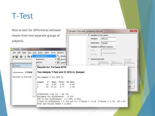 T-Test
How to test for differences between

means from two separate groups of
subjects.

 