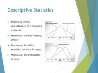 Descriptive Statistics


Describing certain
characteristics of a product &
a process



Measures of Central Tendency
(mean)



Measures of Variability
(standard deviation & range)



Measures of the Distribution
of Data

 