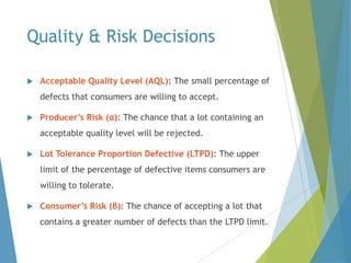 Quality & Risk Decisions


Acceptable Quality Level (AQL): The small percentage of
defects that consumers are willing to accept.



Producer’s Risk (α): The chance that a lot containing an
acceptable quality level will be rejected.



Lot Tolerance Proportion Defective (LTPD): The upper
limit of the percentage of defective items consumers are
willing to tolerate.



Consumer’s Risk (β): The chance of accepting a lot that
contains a greater number of defects than the LTPD limit.

 
