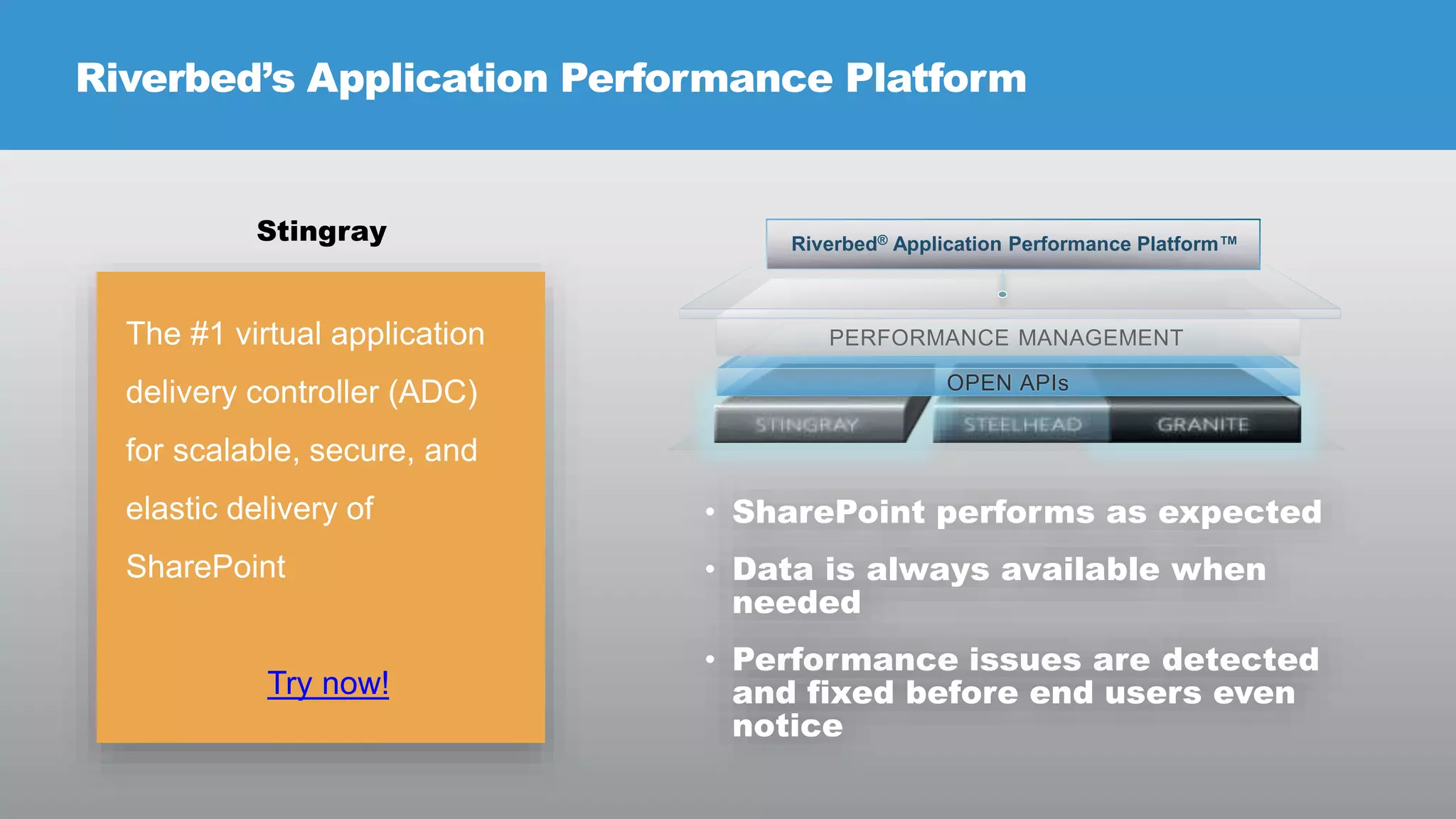 Riverbed’s Application Performance Platform

Stingray

Riverbed® Application Performance Platform™

The #1 virtual application
delivery controller (ADC)
for scalable, secure, and
elastic delivery of

• SharePoint performs as expected

SharePoint

• Data is always available when
needed

Try now!

• Performance issues are detected
and fixed before end users even
notice
© RIVERBED TECHNOLOGY

11

 