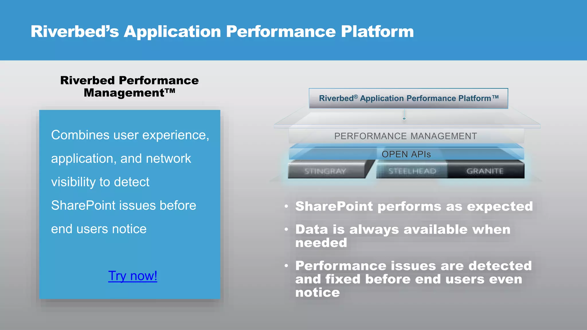 Riverbed’s Application Performance Platform
Riverbed Performance
Management™

Riverbed® Application Performance Platform™

Combines user experience,
application, and network
visibility to detect
SharePoint issues before

• SharePoint performs as expected

end users notice

• Data is always available when
needed

Try now!

• Performance issues are detected
and fixed before end users even
notice
© RIVERBED TECHNOLOGY

8

 