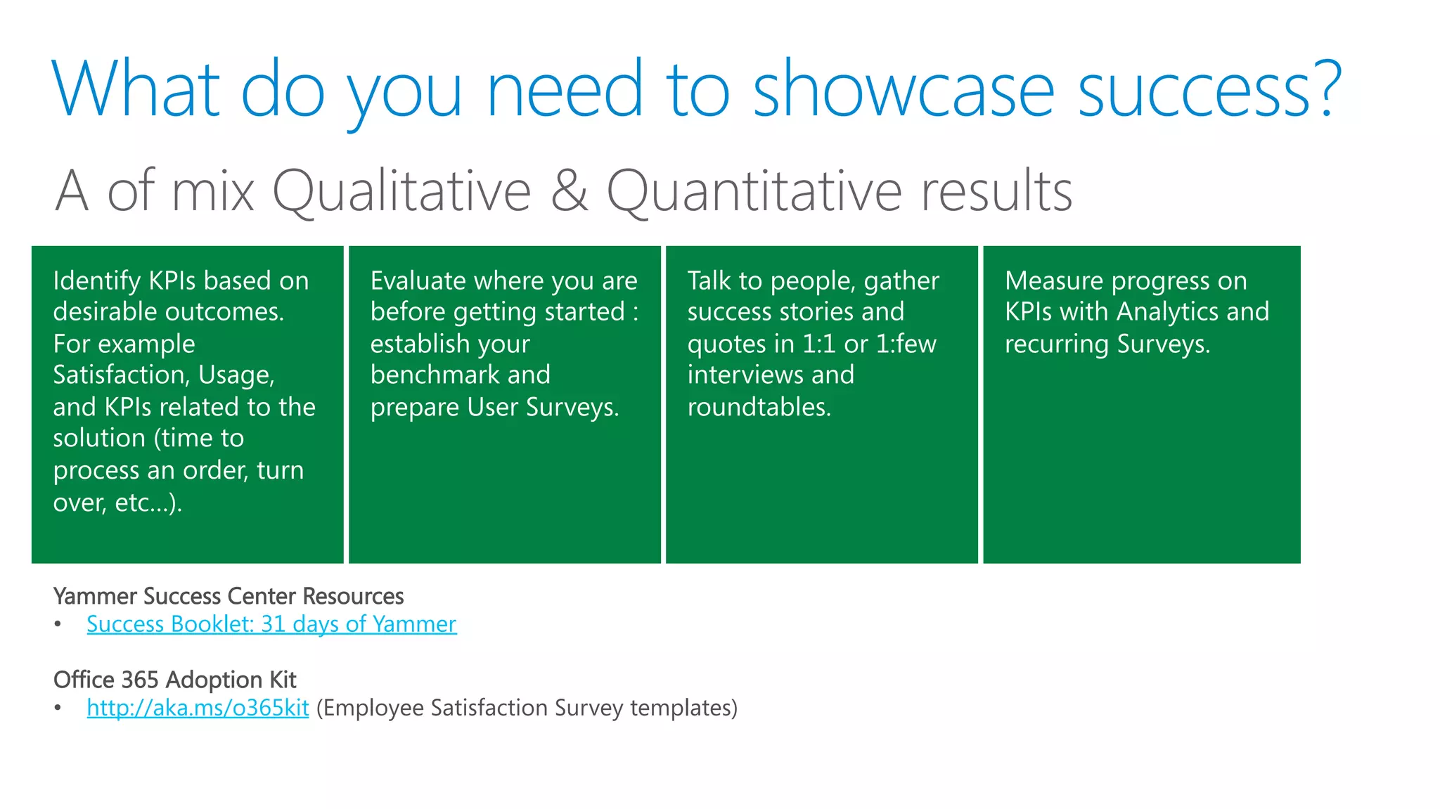 Yammer Success Center Resources
•  Success Booklet: 31 days of Yammer

Office 365 Adoption Kit
•  http://aka.ms/o365kit (Employee Satisfaction Survey templates)
 