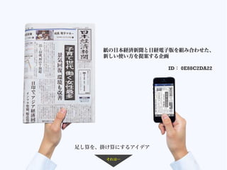 紙の日本経済新聞と日経電子版を組み合わせた、
新しい使い方を提案する企画
         ID： 0E88C2DA22
足し算を、掛け算にするアイデア
それは…
 