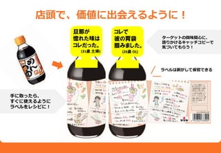 コレで
彼の胃袋
掴みました。
(26歳 OL)
旦那が
惚れた味は
コレだった。
(31歳 主婦)
店頭で、価値に出会えるように！
ターゲットの興味関心に、
語りかけるキャッチコピーで
気づいてもらう！
手に取ったら、
すぐに使えるように
ラベルをレシピに！
しょうゆ（本醸造）（小
麦・大豆を含む）、ぶど
う糖果糖液糖、米発酵
調味料、砂糖、食塩、
かつおぶしエキス、た
ん白加水分解物、かつ
おぶし、そうだかつお
ぶし、こんぶエキス、醸
造酢、酵母エキス、調
味料（アミノ酸等）、ア
ルコール
ラベルは剥がして保管できる
2015年8月10日
 