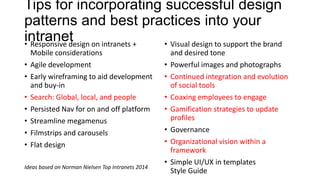 Tips for incorporating successful design
patterns and best practices into your
intranet• Responsive design on intranets +
Mobile considerations
• Agile development
• Early wireframing to aid development
and buy-in
• Search: Global, local, and people
• Persisted Nav for on and off platform
• Streamline megamenus
• Filmstrips and carousels
• Flat design
• Visual design to support the brand
and desired tone
• Powerful images and photographs
• Continued integration and evolution
of social tools
• Coaxing employees to engage
• Gamification strategies to update
profiles
• Governance
• Organizational vision within a
framework
• Simple UI/UX in templates
Style Guide
Ideas based on Norman Nielsen Top Intranets 2014
 