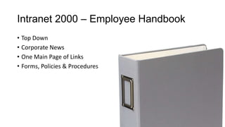 Intranet 2000 – Employee Handbook
• Top Down
• Corporate News
• One Main Page of Links
• Forms, Policies & Procedures
 