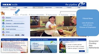 Filtered News
Lots of pictures
Lots of icons
Pictures of Employees
Screenshot
Courtesy
Ikea
Netherlands
 
