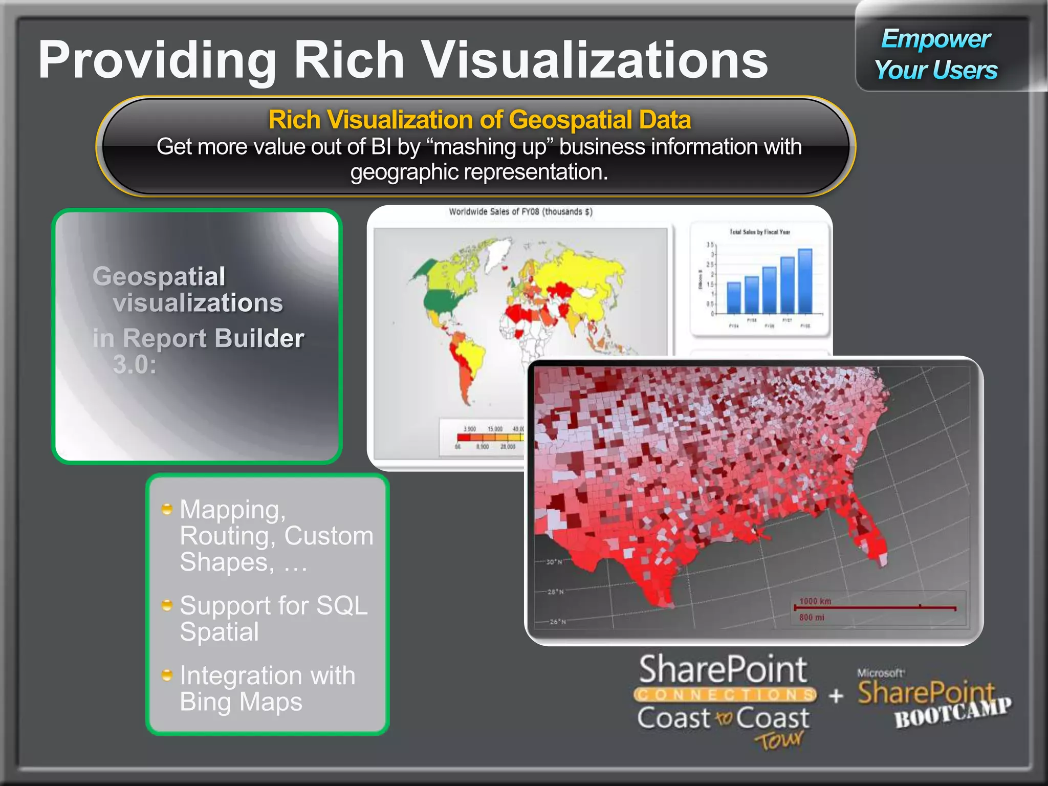 Visual Data ExplorationDecomposition trees allow data explorationNew in SharePoint 2010Available by right clicking data in browserAnalyze -> Decomposition TreeAllows filtering\expanding across dimensionsAllows faster and more relevant visualization of data