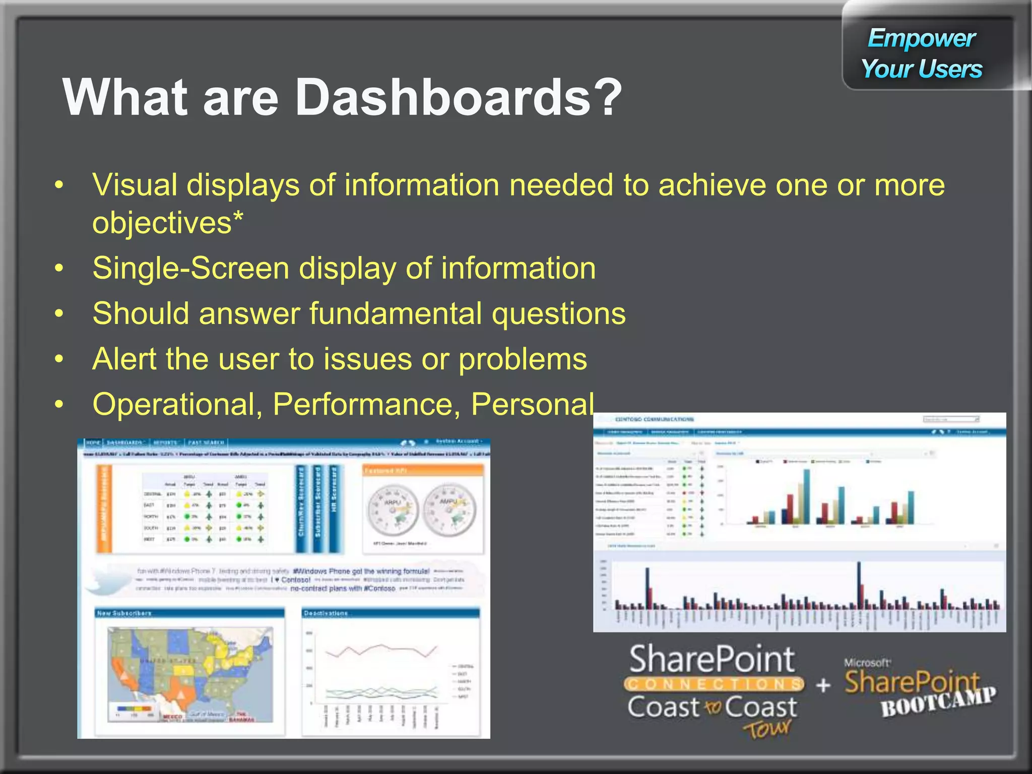 What are Dashboards?EmpowerYour UsersVisual displays of information needed to achieve one or more objectives*Single-Screen display of informationShould answer fundamental questionsAlert the user to issues or problemsOperational, Performance, Personal