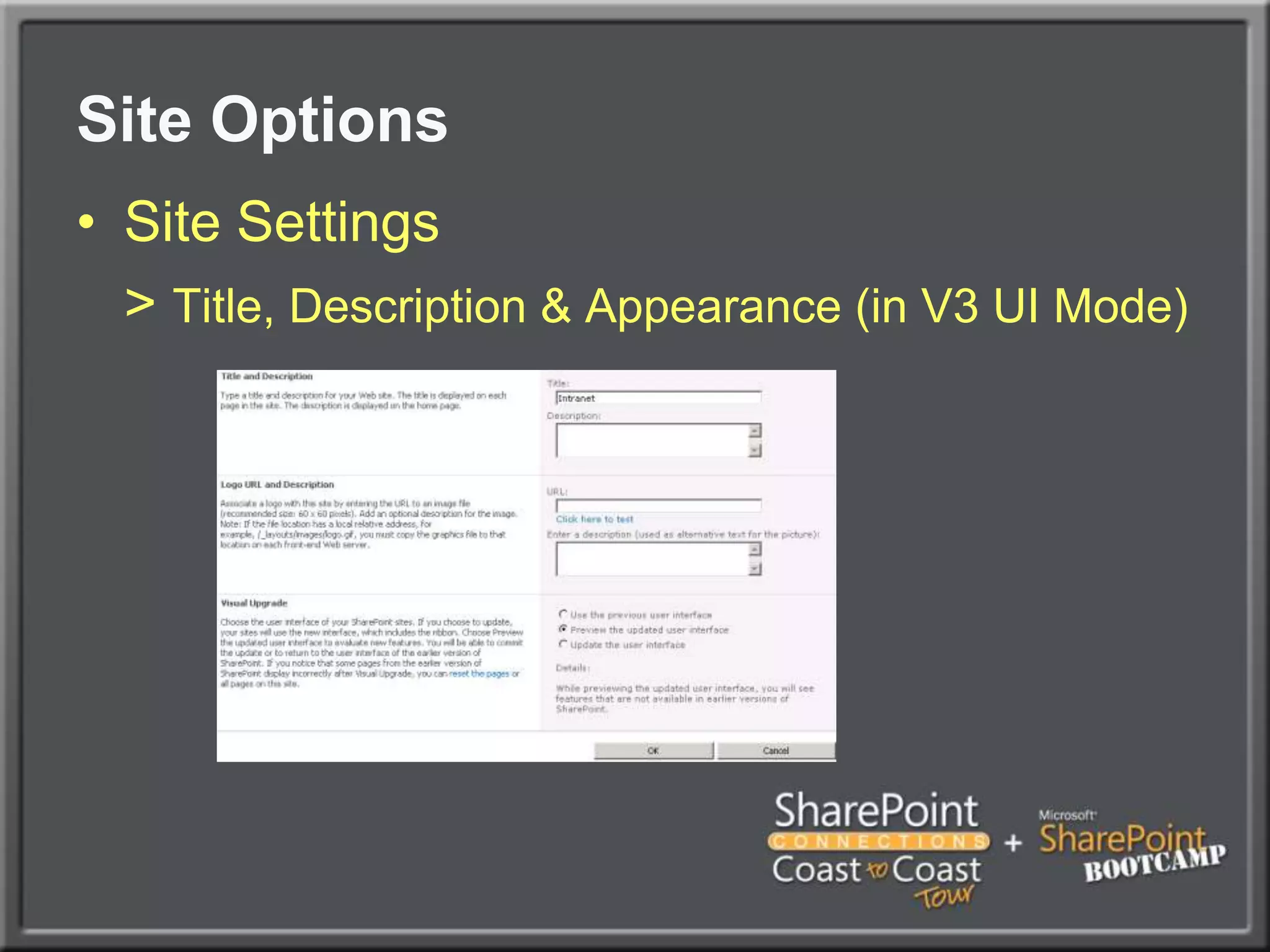 Site OptionsSite Settings> Title, Description & Appearance (in V3 UI Mode)