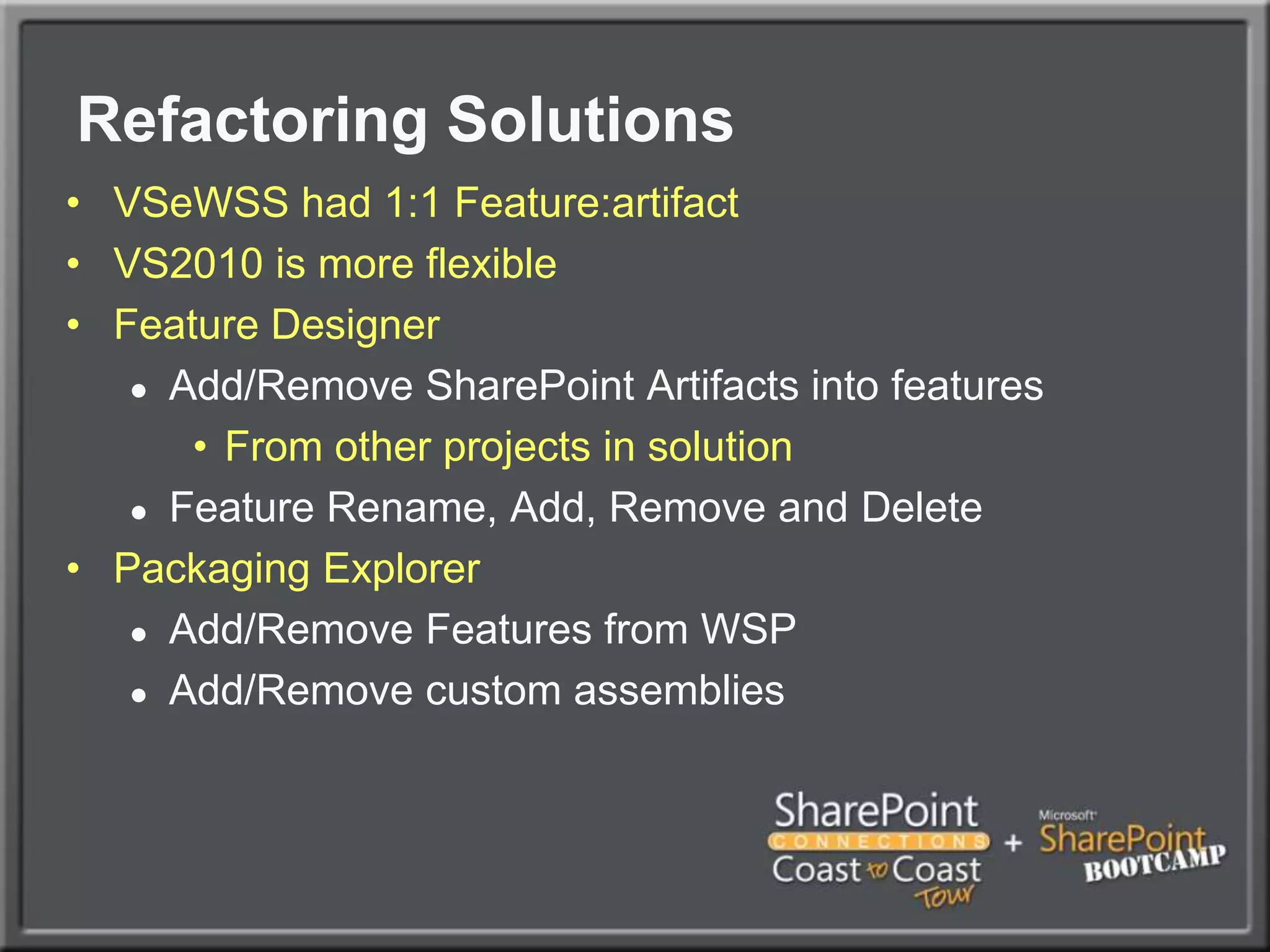 Refactoring SolutionsVSeWSS had 1:1 Feature:artifactVS2010 is more flexibleFeature DesignerAdd/Remove SharePoint Artifacts into featuresFrom other projects in solutionFeature Rename, Add, Remove and DeletePackaging ExplorerAdd/Remove Features from WSP Add/Remove custom assemblies
