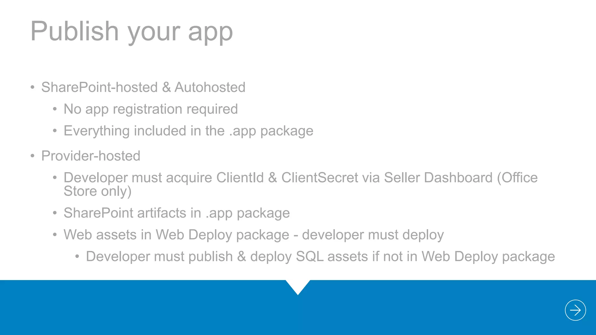 Publish your app
• SharePoint-hosted & Autohosted
• No app registration required
• Everything included in the .app package

• Provider-hosted
• Developer must acquire ClientId & ClientSecret via Seller Dashboard (Office
Store only)
• SharePoint artifacts in .app package
• Web assets in Web Deploy package - developer must deploy
• Developer must publish & deploy SQL assets if not in Web Deploy package

 