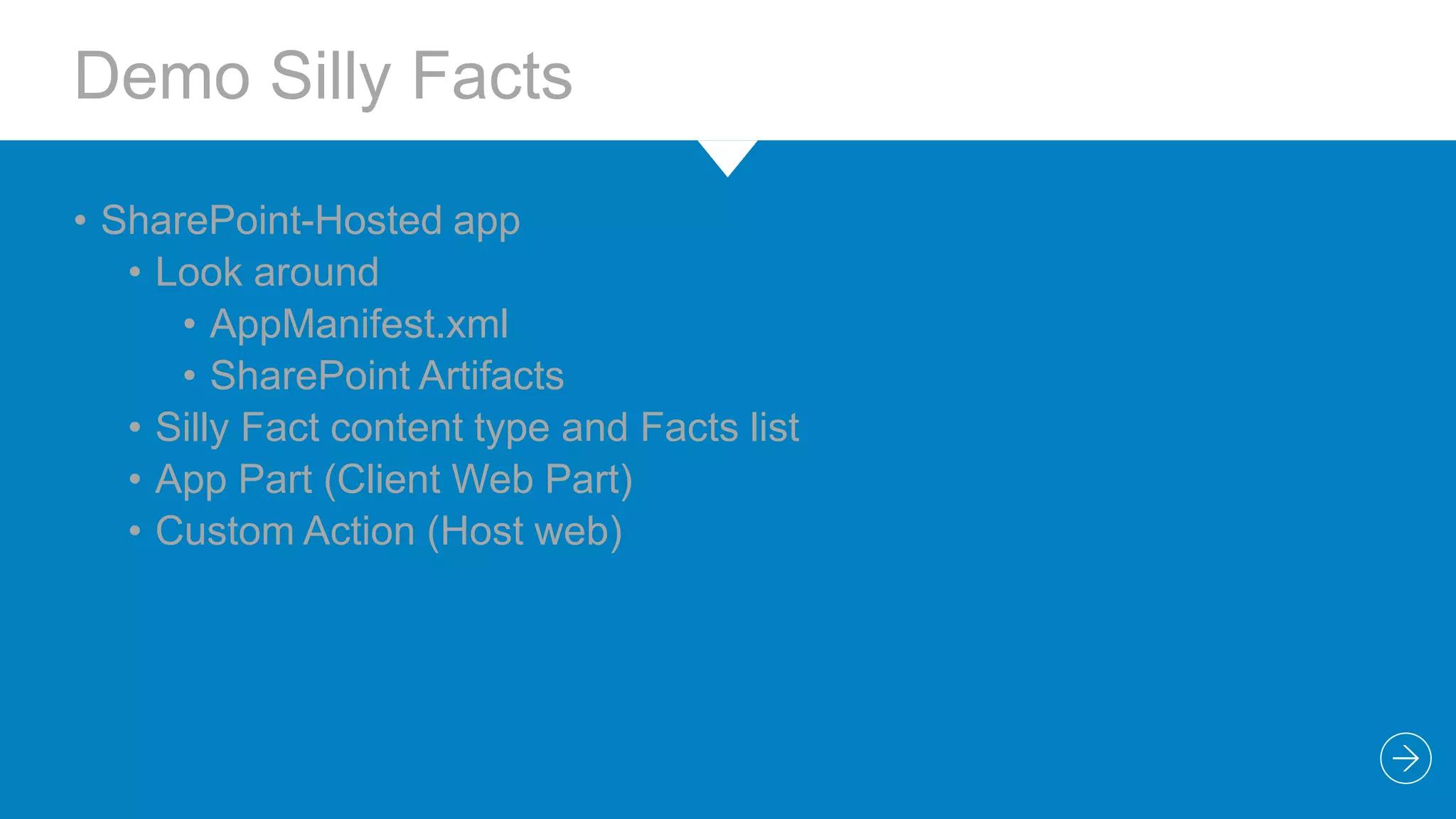 Demo Silly Facts
• SharePoint-Hosted app
• Look around
• AppManifest.xml
• SharePoint Artifacts
• Silly Fact content type and Facts list
• App Part (Client Web Part)
• Custom Action (Host web)

 