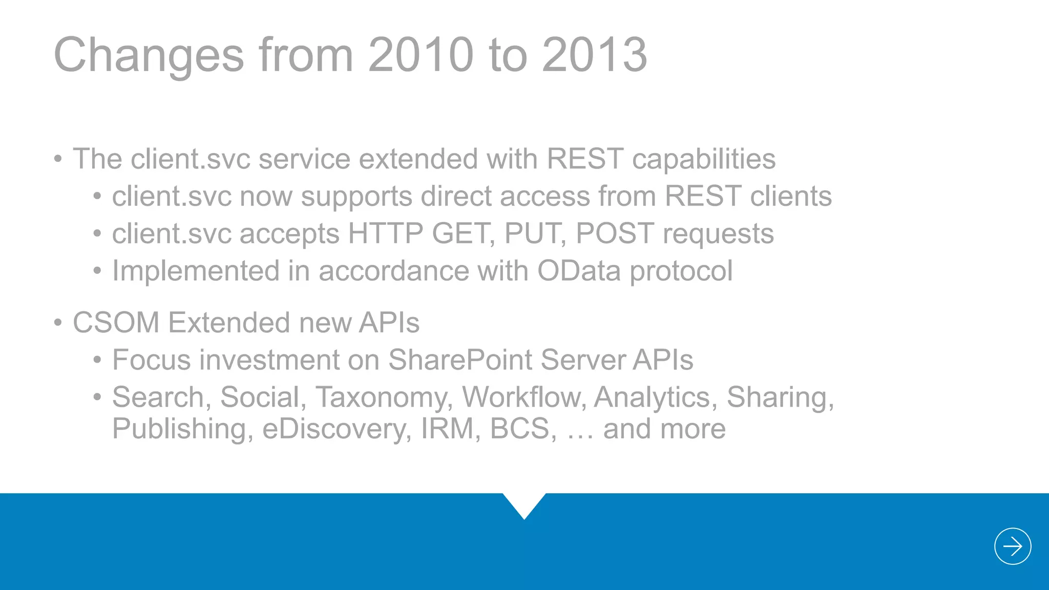Changes from 2010 to 2013
• The client.svc service extended with REST capabilities
• client.svc now supports direct access from REST clients
• client.svc accepts HTTP GET, PUT, POST requests
• Implemented in accordance with OData protocol
• CSOM Extended new APIs
• Focus investment on SharePoint Server APIs
• Search, Social, Taxonomy, Workflow, Analytics, Sharing,
Publishing, eDiscovery, IRM, BCS, … and more

 