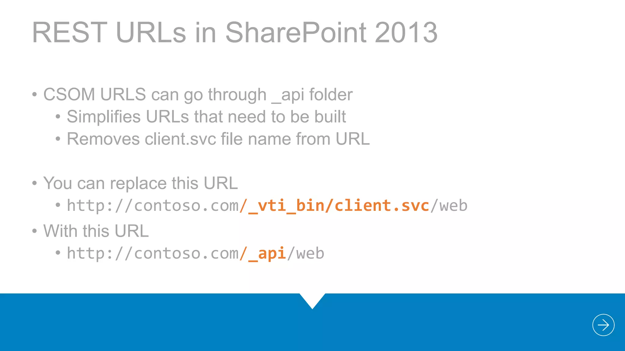 REST URLs in SharePoint 2013
• CSOM URLS can go through _api folder
• Simplifies URLs that need to be built
• Removes client.svc file name from URL
• You can replace this URL
• http://contoso.com/_vti_bin/client.svc/web
• With this URL
• http://contoso.com/_api/web

 