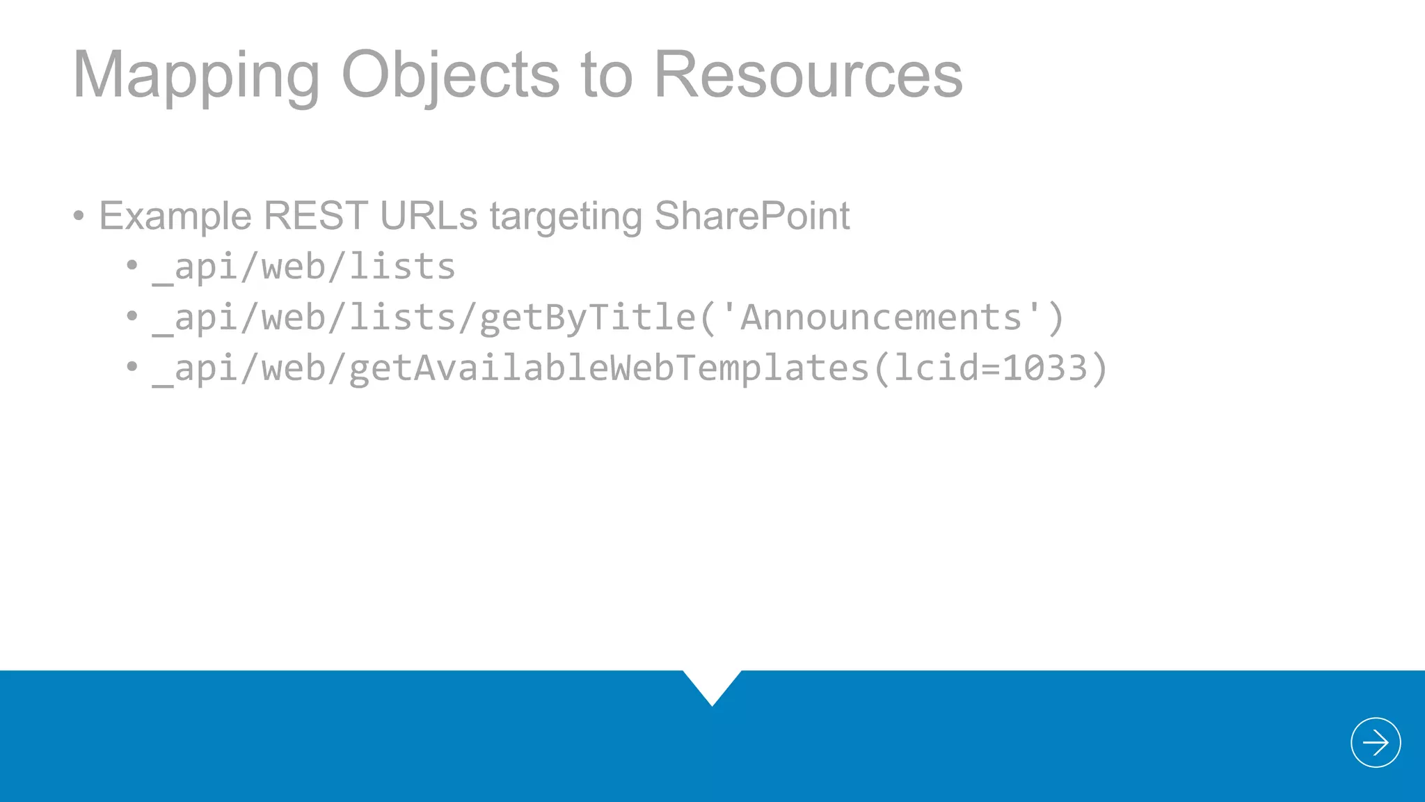 Mapping Objects to Resources
• Example REST URLs targeting SharePoint
• _api/web/lists
• _api/web/lists/getByTitle('Announcements')
• _api/web/getAvailableWebTemplates(lcid=1033)

 