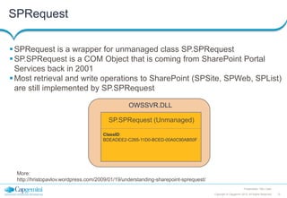 SPRequest
 SPRequest is a wrapper for unmanaged class SP.SPRequest
 SP.SPRequest is a COM Object that is coming from SharePoint Portal
Services back in 2001
 Most retrieval and write operations to SharePoint (SPSite, SPWeb, SPList)
are still implemented by SP.SPRequest
OWSSVR.DLL
SP.SPRequest (Unmanaged)
ClassID:
BDEADEE2-C265-11D0-BCED-00A0C90AB50F

More:
http://hristopavlov.wordpress.com/2009/01/19/understanding-sharepoint-sprequest/
Presentation Title | Date
Copyright © Capgemini 2012. All Rights Reserved

12

 