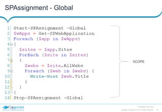 SPAssignment - Global

SCOPE

Presentation Title | Date
Copyright © Capgemini 2012. All Rights Reserved

36

 