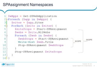 SPAssignment Namespaces

SCOPE

SCOPE

Presentation Title | Date
Copyright © Capgemini 2012. All Rights Reserved

37

 