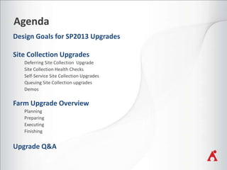 Agenda

Deferring Site Collection Upgrade
Site Collection Health Checks
Self-Service Site Collection Upgrades
Queuing Site Collection upgrades
Demos

Planning
Preparing
Executing
Finishing

 