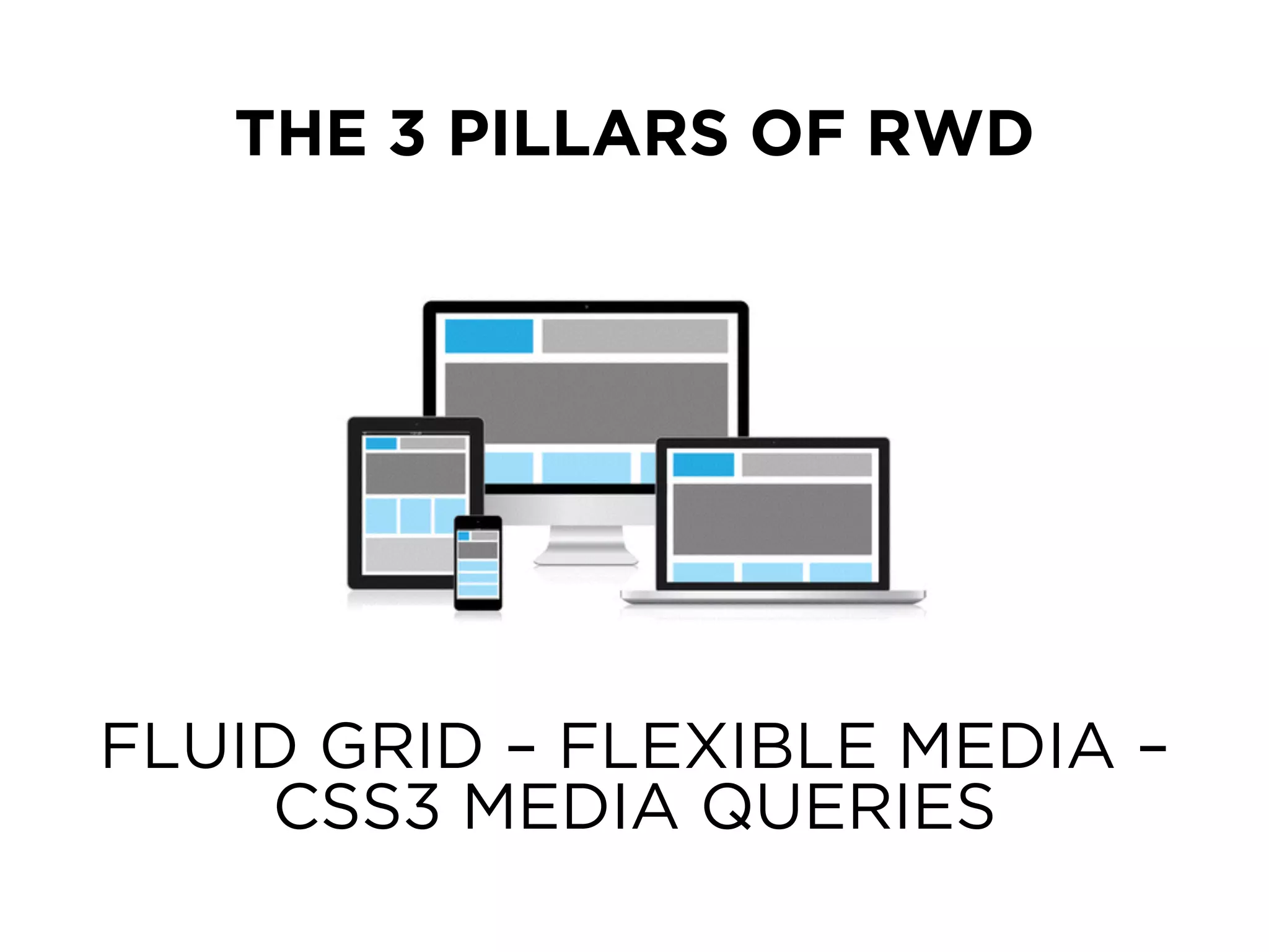 THE 3 PILLARS OF RWD 
FLUID GRID – FLEXIBLE MEDIA – 
CSS3 MEDIA QUERIES 
 