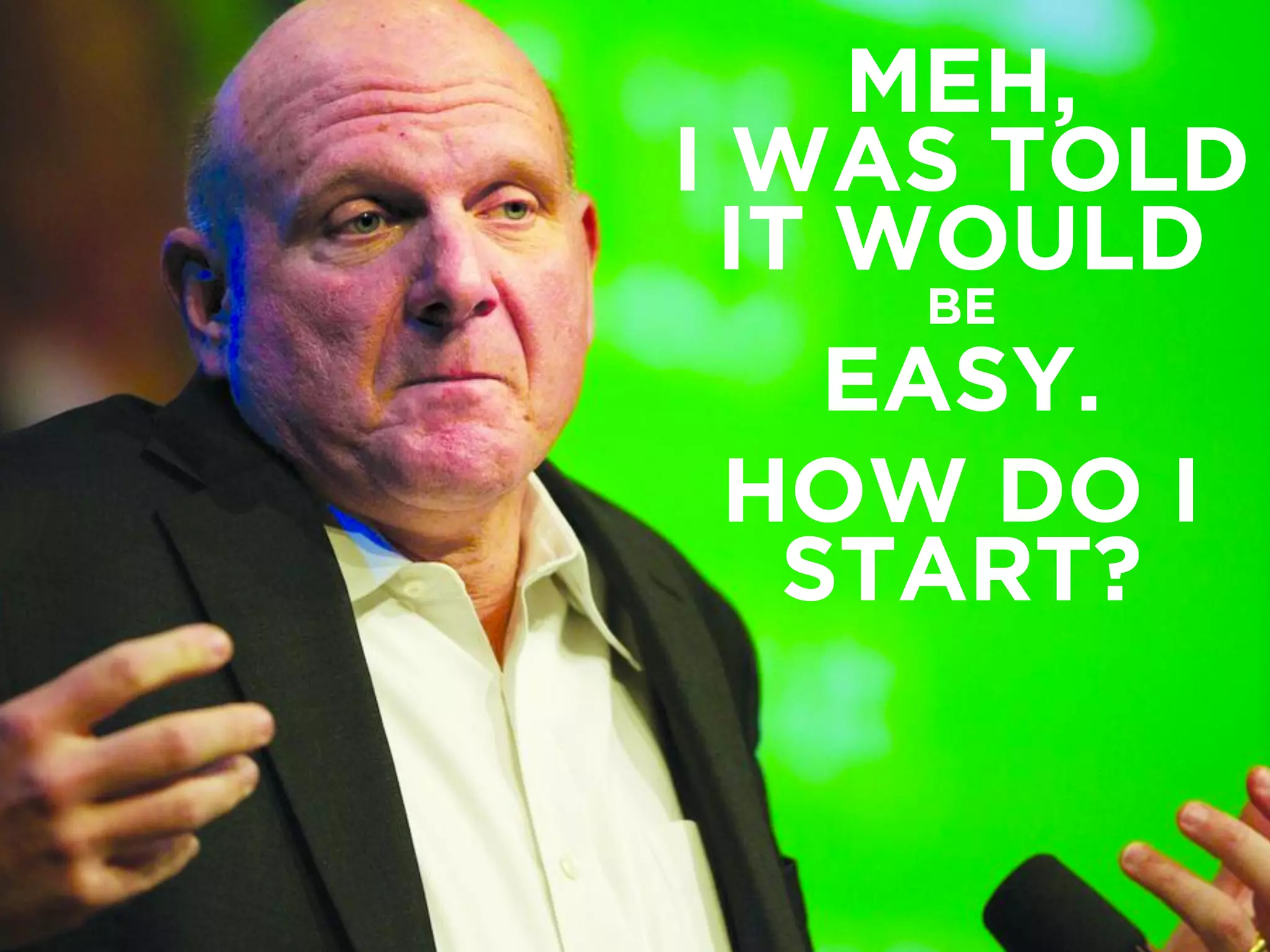 MEH, 
I WAS TOLD 
IT WOULD 
BE 
EASY. 
HOW DO I 
START? 
 