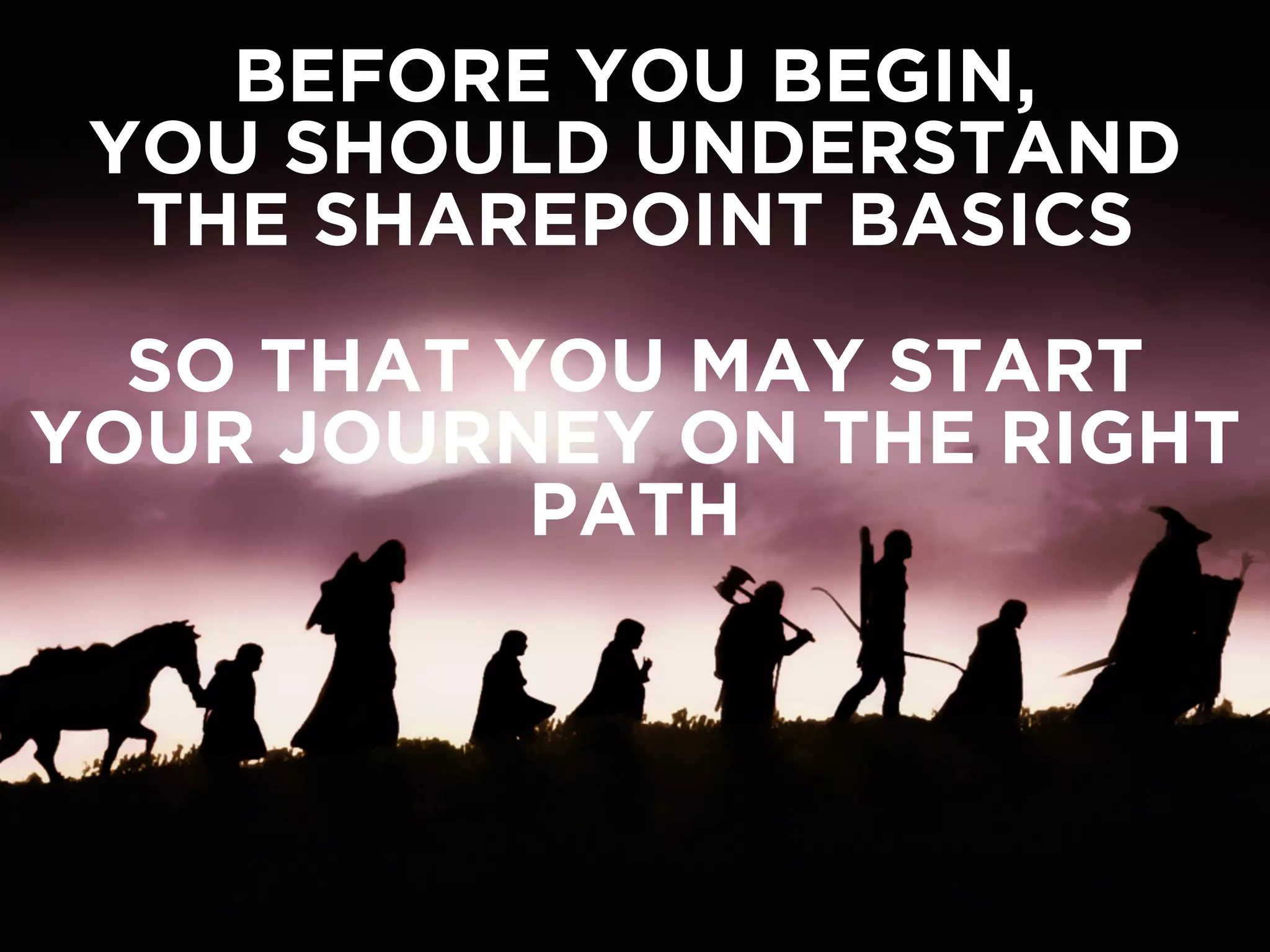 BEFORE YOU BEGIN, 
YOU SHOULD UNDERSTAND 
THE SHAREPOINT BASICS 
SO THAT YOU MAY START 
YOUR JOURNEY ON THE RIGHT 
PATH 
 