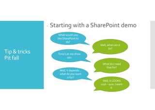 Tip  tricks 
Pit fall 
 Starting with a SharePoint demo 
What would you 
like SharePoint to 
do? 
Well, what can it 
do? 
Tons! Let me show 
you 
What do I need 
that for? 
Well, it depends… 
what do you want 
it for? 
Well, it LOOKS 
cool – sure: I want 
it. 
 