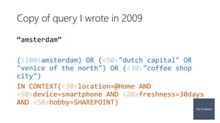 Copy of query I wrote in 2009 
(<100>amsterdam) OR (<50>"dutchcapital" OR "veniceof the north") OR (<30>"coffee shop city") 
IN CONTEXT(<30>location=@Home AND <50>device=smartphone AND <20>freshness=30days AND <50>hobby=SHAREPOINT)  