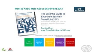 Want to Know More About SharePoint 2013
Search?
                     The Essential Guide to
                     Enterprise Search in
                     SharePoint 2013
                                     Everything You Need to Know to Get the
                                     Most Out of Search and Search-based
                                     Applications

                                     Download from
                                     www.SharePointSearch2013.com

                      This book contains 20 chapters, and more than 100 pages packed full of valuable insights. Also
                                                                         includes helpful call outs and screenshots.




                        Working with                                        Architecture,
            User                                  Working with                                       Applications &
                        Queries and                                        Deployment &
         Experience                                Content                                           Development
                         Results                                             Operations
 